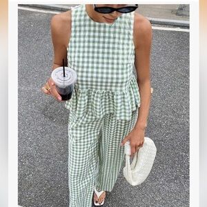 Green Gingham Sleeveless Top and Pants Set